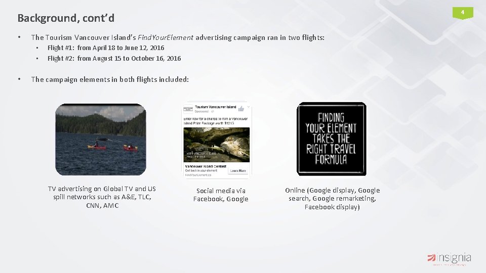 4 Background, cont’d • The Tourism Vancouver Island’s Find. Your. Element advertising campaign ran