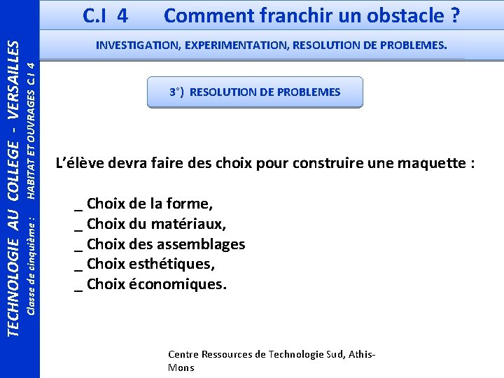 HABITAT ET OUVRAGES C. I 4 INVESTIGATION, EXPERIMENTATION, RESOLUTION DE PROBLEMES. Classe de cinquième