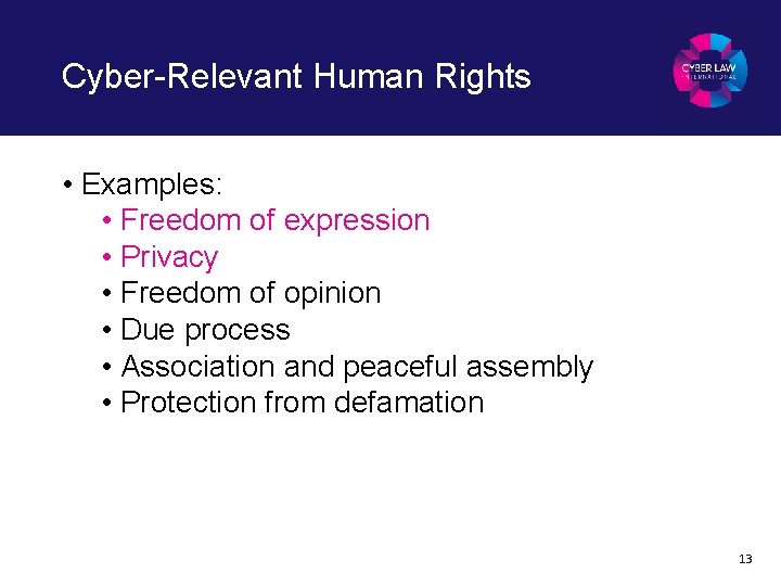 Cyber-Relevant Human Rights • Examples: • Freedom of expression • Privacy • Freedom of