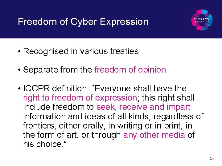 Freedom of Cyber Expression • Recognised in various treaties • Separate from the freedom