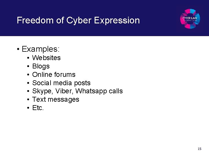 Freedom of Cyber Expression • Examples: • • Websites Blogs Online forums Social media