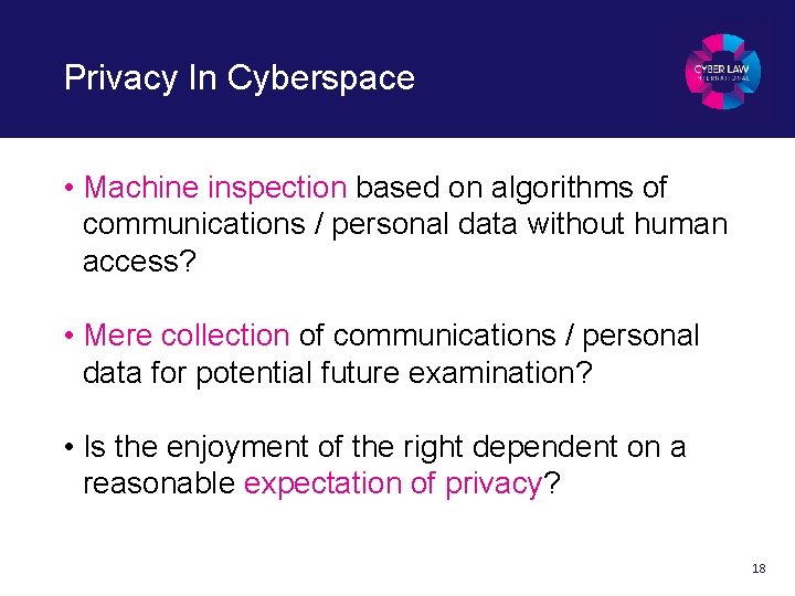 Privacy In Cyberspace • Machine inspection based on algorithms of communications / personal data