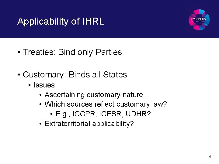 Applicability of IHRL • Treaties: Bind only Parties • Customary: Binds all States •