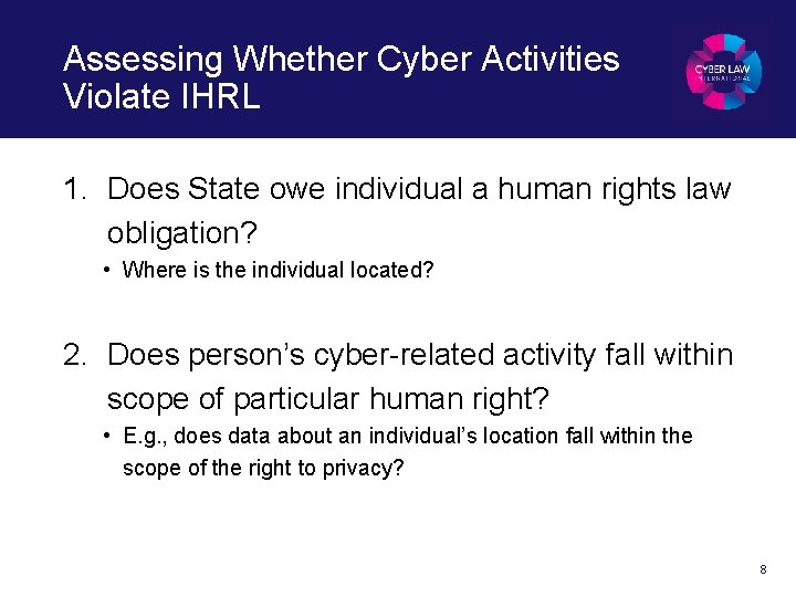 Assessing Whether Cyber Activities Violate IHRL 1. Does State owe individual a human rights
