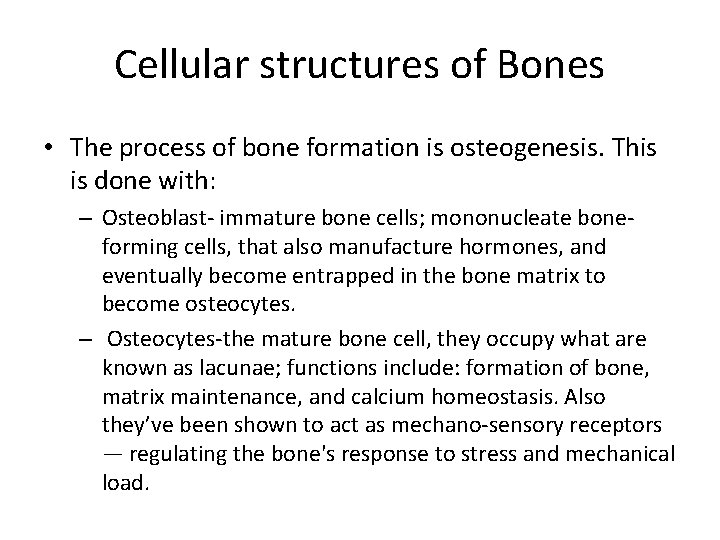 Cellular structures of Bones • The process of bone formation is osteogenesis. This is