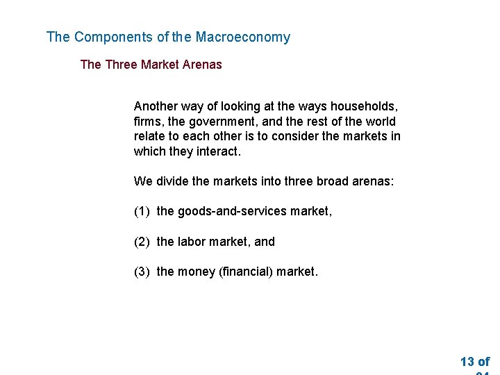 The Components of the Macroeconomy The Three Market Arenas Another way of looking at