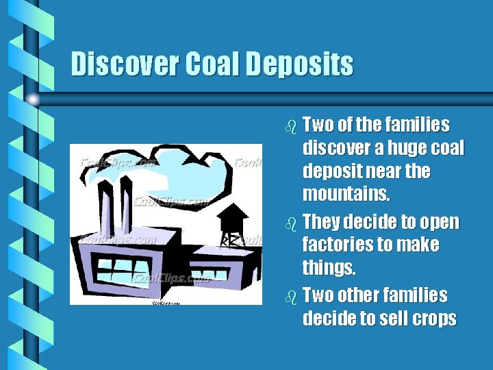 Discover Coal Deposits b Two of the families discover a huge coal deposit near