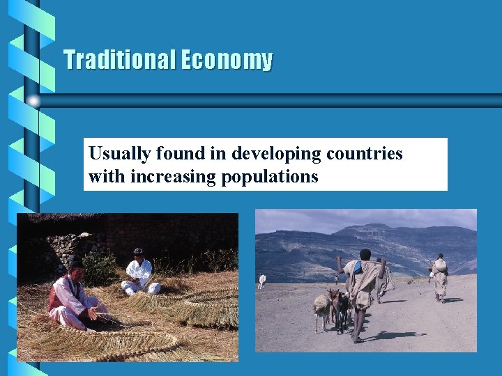Traditional Economy Usually found in developing countries with increasing populations 
