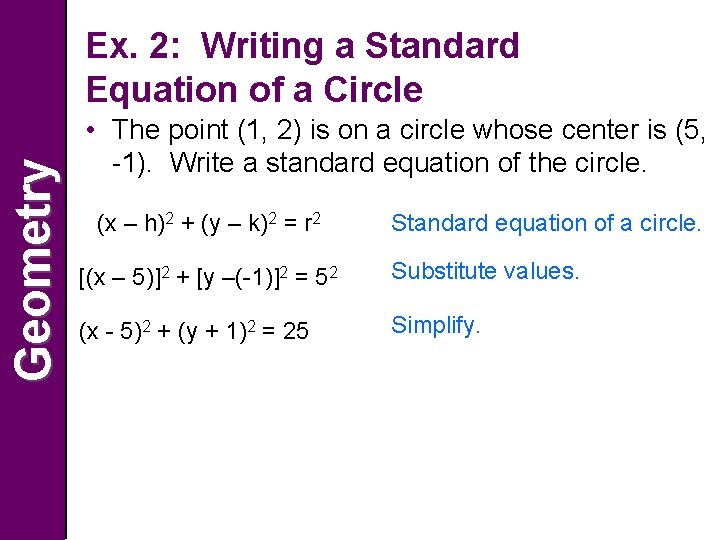 Geometry Ex. 2: Writing a Standard Equation of a Circle • The point (1,