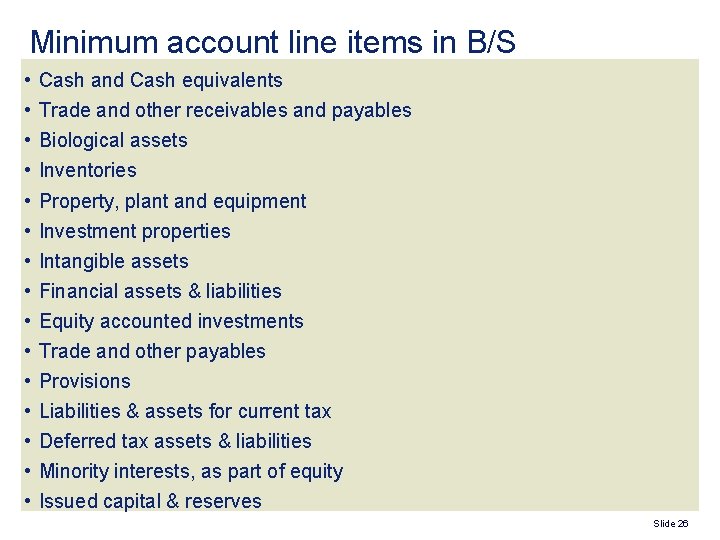 Minimum account line items in B/S • • • • Cash and Cash equivalents