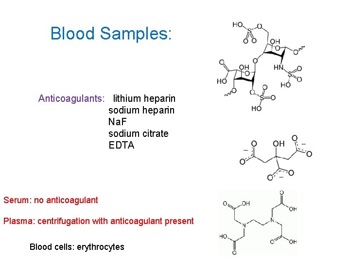 Blood Samples: Anticoagulants: lithium heparin sodium heparin Na. F sodium citrate EDTA Serum: no