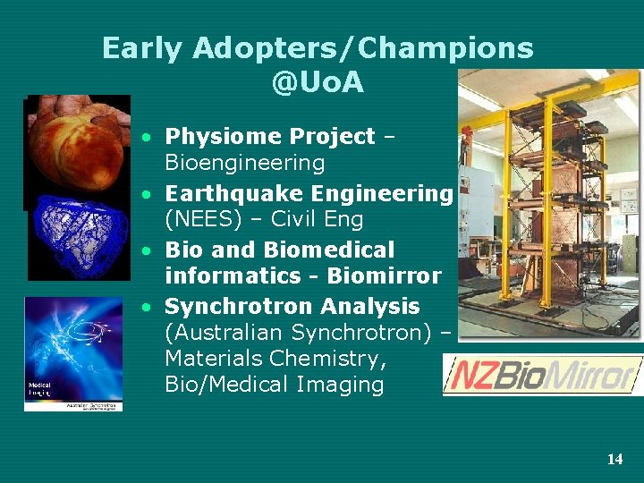 Early Adopters/Champions @Uo. A • Physiome Project – Bioengineering • Earthquake Engineering (NEES) –