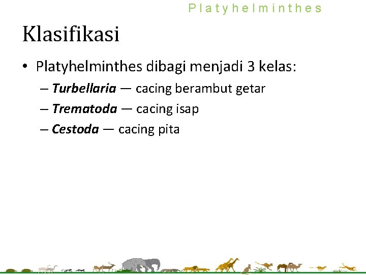 Platyhelminthes Klasifikasi • Platyhelminthes dibagi menjadi 3 kelas: – Turbellaria — cacing berambut getar