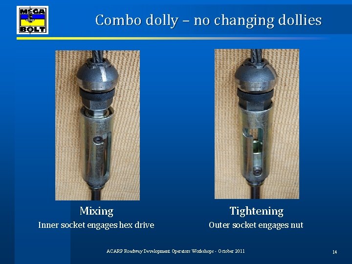 Combo dolly – no changing dollies Mixing Tightening Inner socket engages hex drive Outer