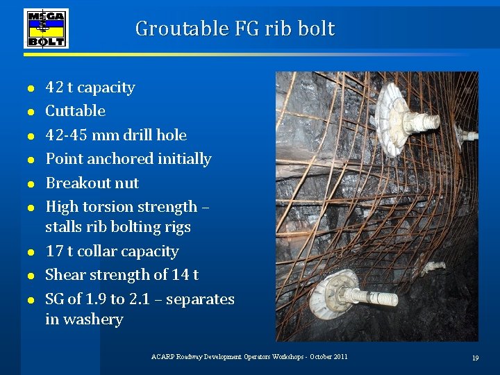 Groutable FG rib bolt ● ● ● ● ● 42 t capacity Cuttable 42‐