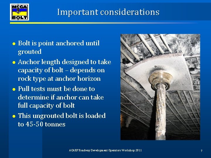 Important considerations Bolt is point anchored until grouted ● Anchor length designed to take