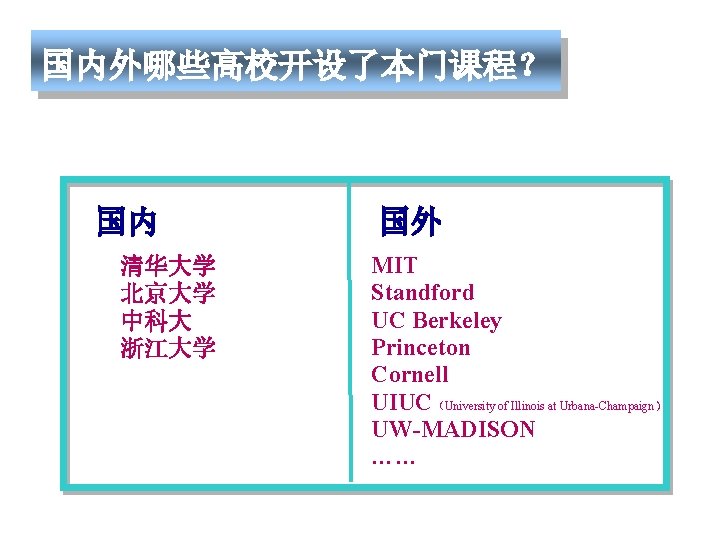 国内外哪些高校开设了本门课程？ 国内 清华大学 北京大学 中科大 浙江大学 国外 MIT Standford UC Berkeley Princeton Cornell UIUC（University