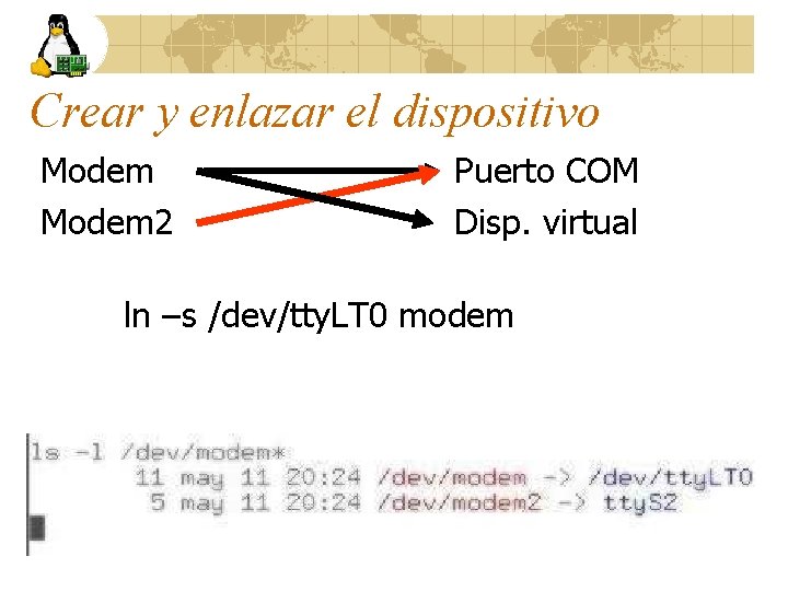 Crear y enlazar el dispositivo Modem 2 Puerto COM Disp. virtual ln –s /dev/tty.