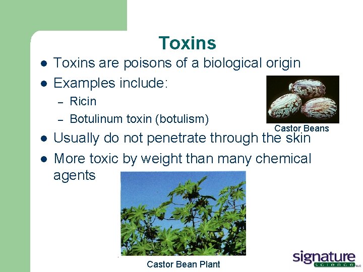 Toxins l l Toxins are poisons of a biological origin Examples include: – –