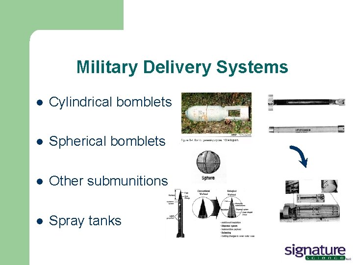 Military Delivery Systems l Cylindrical bomblets l Spherical bomblets l Other submunitions l Spray