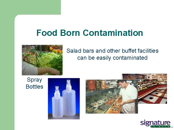 Food Born Contamination Salad bars and other buffet facilities can be easily contaminated Spray