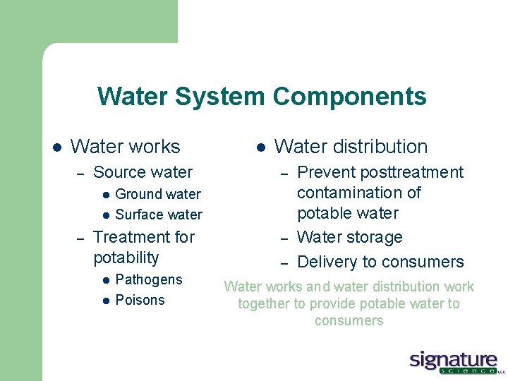 Water System Components l Water works – Source water l l – l Water