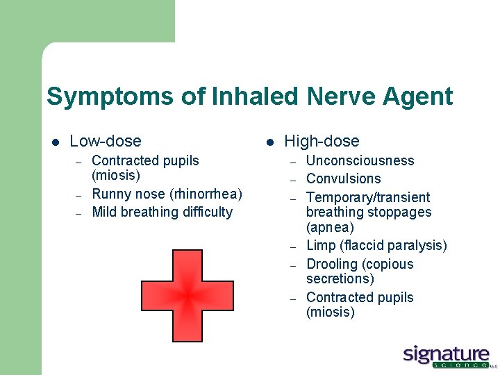 Symptoms of Inhaled Nerve Agent l Low-dose – – – Contracted pupils (miosis) Runny