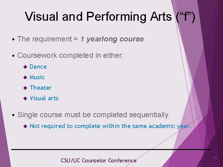 Visual and Performing Arts (“f”) § The requirement = 1 yearlong course § Coursework