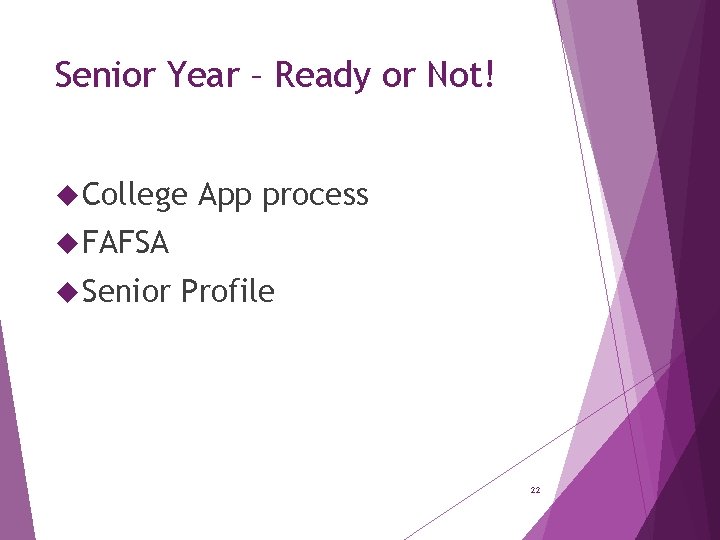 Senior Year – Ready or Not! College App process FAFSA Senior Profile 22 