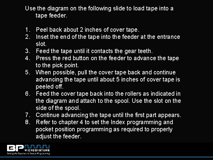 Use the diagram on the following slide to load tape into a tape feeder.