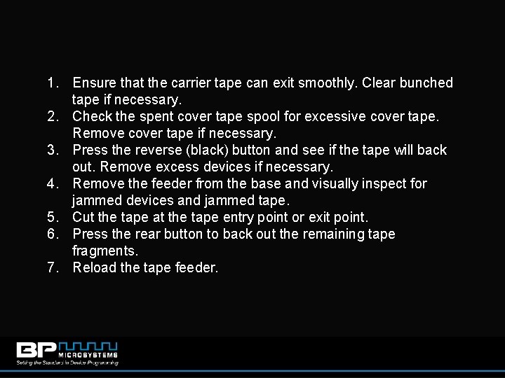 1. Ensure that the carrier tape can exit smoothly. Clear bunched tape if necessary.