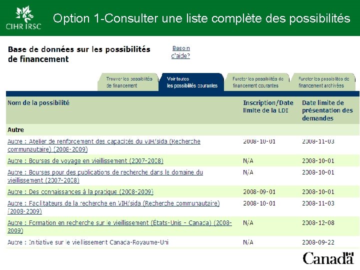 Option 1 -Consulter une liste complète des possibilités 