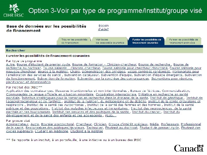 Option 3 -Voir par type de programme/Institut/groupe visé 