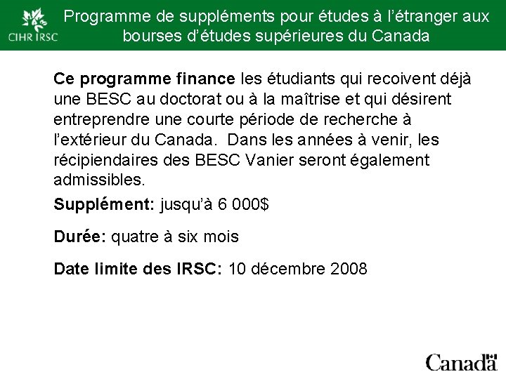 Programme de suppléments pour études à l’étranger aux bourses d’études supérieures du Canada Ce