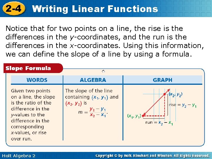 2 -4 Writing Linear Functions Notice that for two points on a line, the