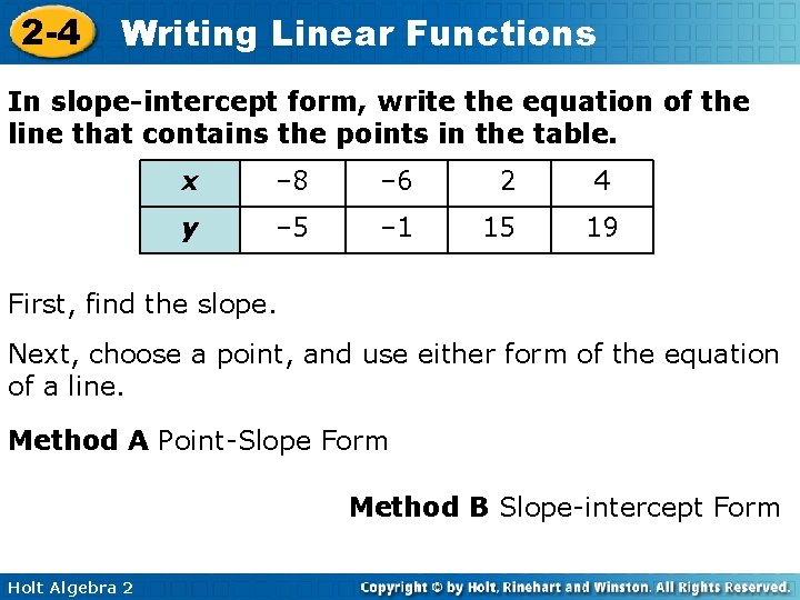 2 -4 Writing Linear Functions In slope-intercept form, write the equation of the line