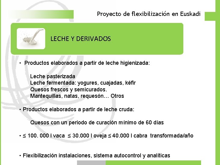 Proyecto de flexibilización en Euskadi LECHE Y DERIVADOS • Productos elaborados a partir de