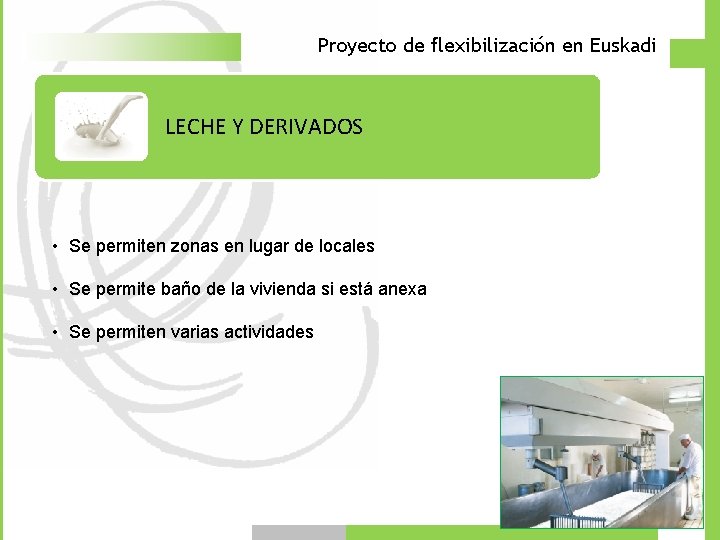 Proyecto de flexibilización en Euskadi LECHE Y DERIVADOS • Se permiten zonas en lugar