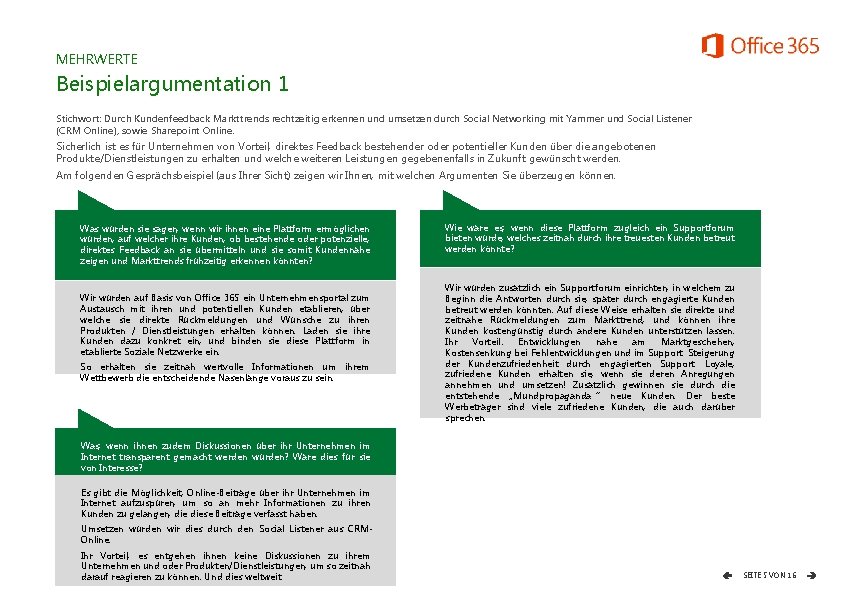 MEHRWERTE Beispielargumentation 1 Stichwort: Durch Kundenfeedback Markttrends rechtzeitig erkennen und umsetzen durch Social Networking