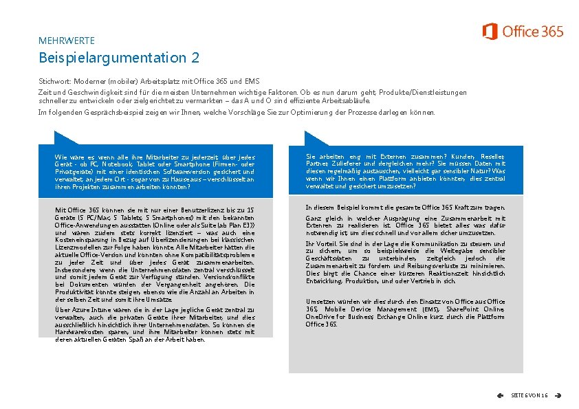 MEHRWERTE Beispielargumentation 2 Stichwort: Moderner (mobiler) Arbeitsplatz mit Office 365 und EMS Zeit und