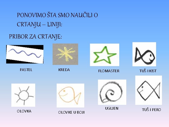 PONOVIMO ŠTA SMO NAUČILI O CRTANJU – LINIJI: PRIBOR ZA CRTANJE: PASTEL OLOVKA KREDA