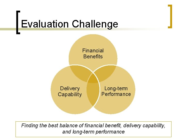 Evaluation Challenge Financial Benefits Delivery Capability Long-term Performance Finding the best balance of financial