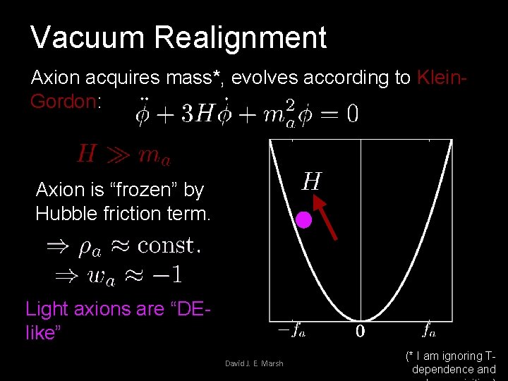 Vacuum Realignment Axion acquires mass*, evolves according to Klein. Gordon: Axion is “frozen” by