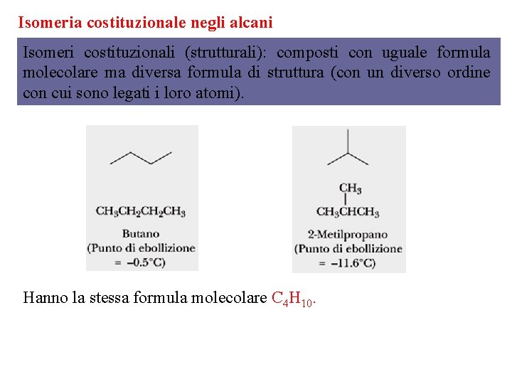 Isomeria costituzionale negli alcani Isomeri costituzionali (strutturali): composti con uguale formula molecolare ma diversa
