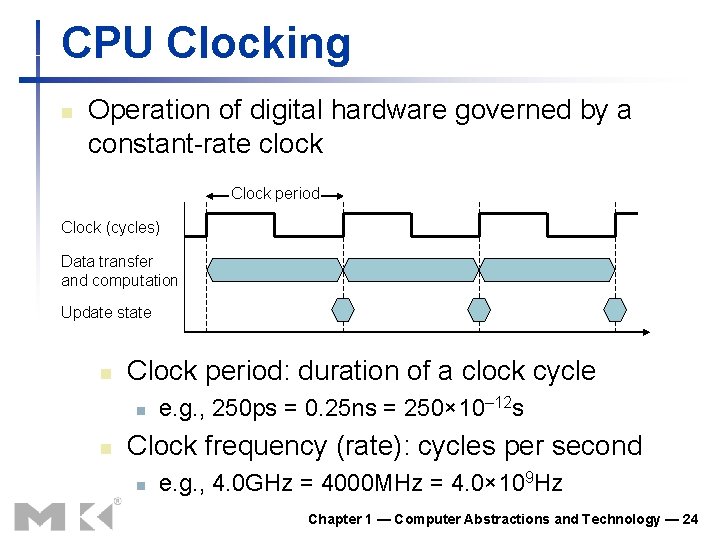 CPU Clocking n Operation of digital hardware governed by a constant-rate clock Clock period CPU Clocking n Operation of digital hardware governed by a constant-rate clock Clock period