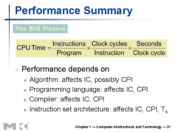 Performance Summary The BIG Picture n Performance depends on n n Algorithm: affects IC, Performance Summary The BIG Picture n Performance depends on n n Algorithm: affects IC,