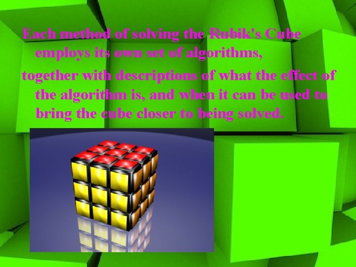 Each method of solving the Rubik's Cube employs its own set of algorithms, together