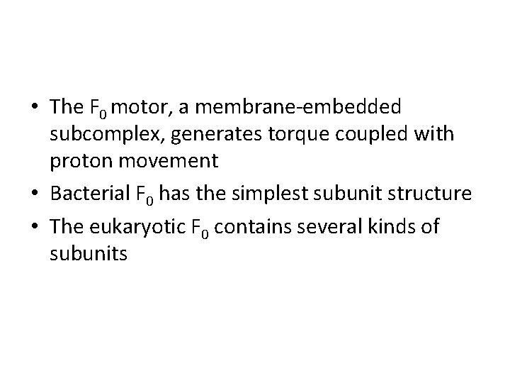  • The F 0 motor, a membrane-embedded subcomplex, generates torque coupled with proton