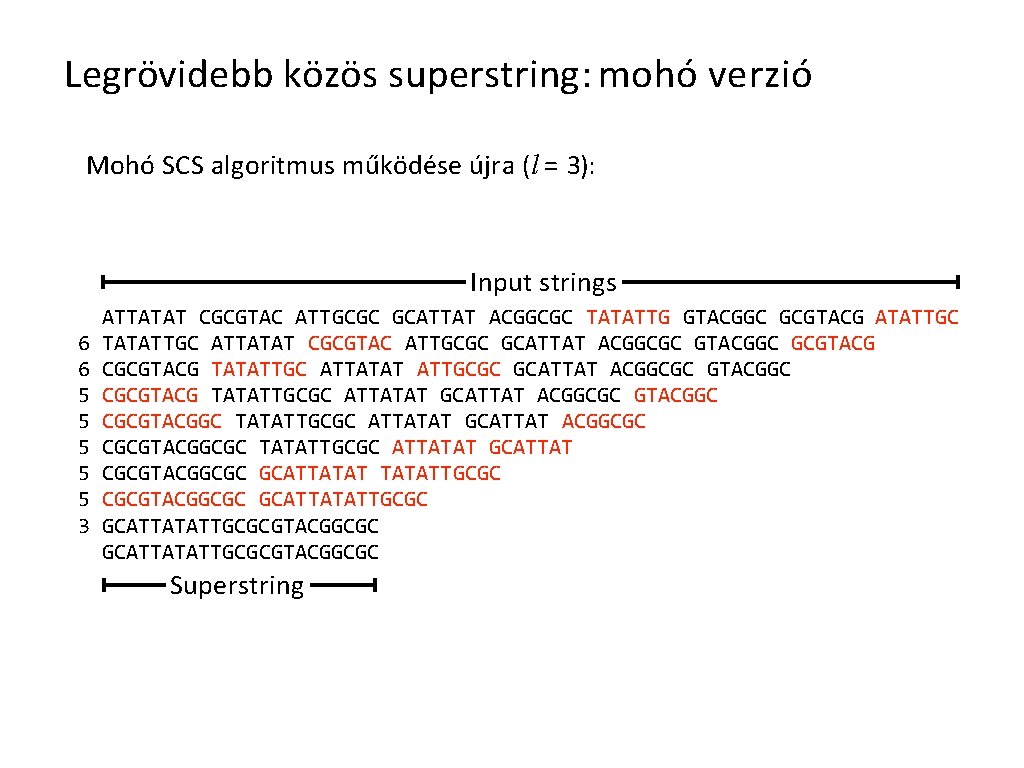 Legrövidebb közös superstring: mohó verzió Mohó SCS algoritmus működése újra (l = 3): Input