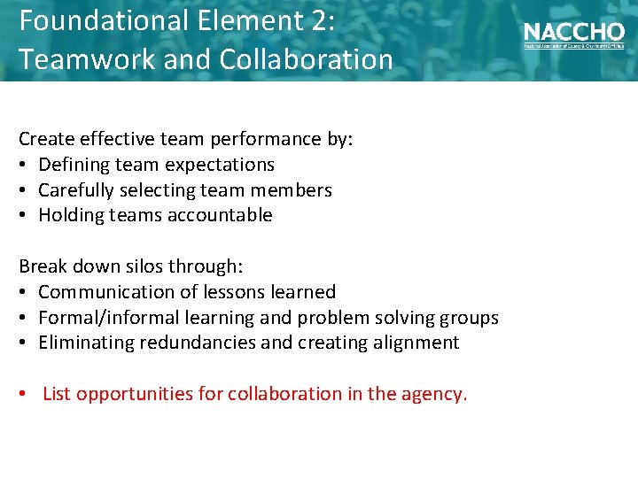 Foundational Element 2: Teamwork and Collaboration Create effective team performance by: • Defining team